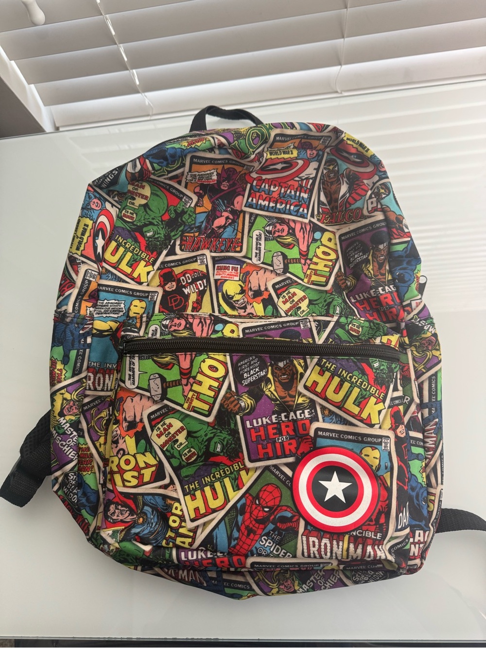 Marvel Multicolor Comic Collage Backpack with Captain America Shield Accent
